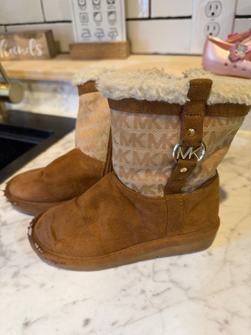 MICHAEL Michael Kors Kids' Brown Suede Logo-Print Faux-Fur Ankle Boots